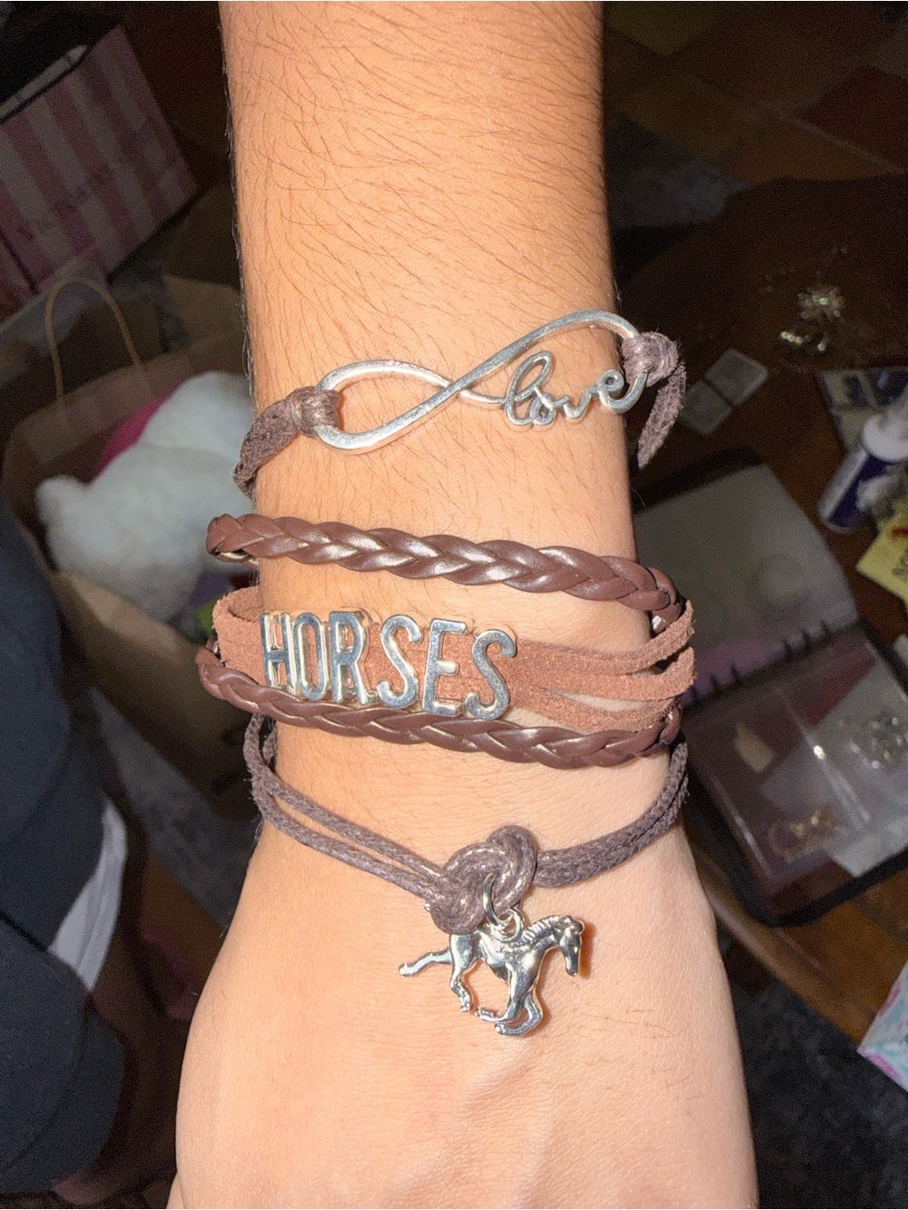 Brown Layered Charm Bracelet Set with 'Love' Infinity and Horses Charm